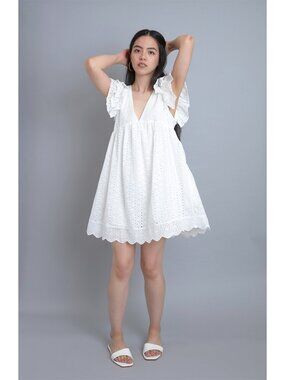 White Eyelet Embroidered Babydoll Dress With Built-In Shorts